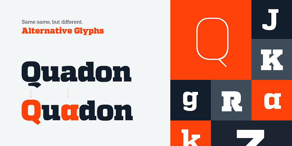 Quadon has a wide range of typographic features and alternative glyphs to create your own and unique version of it.