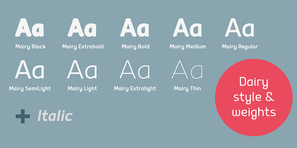 Mairy font family sample image.