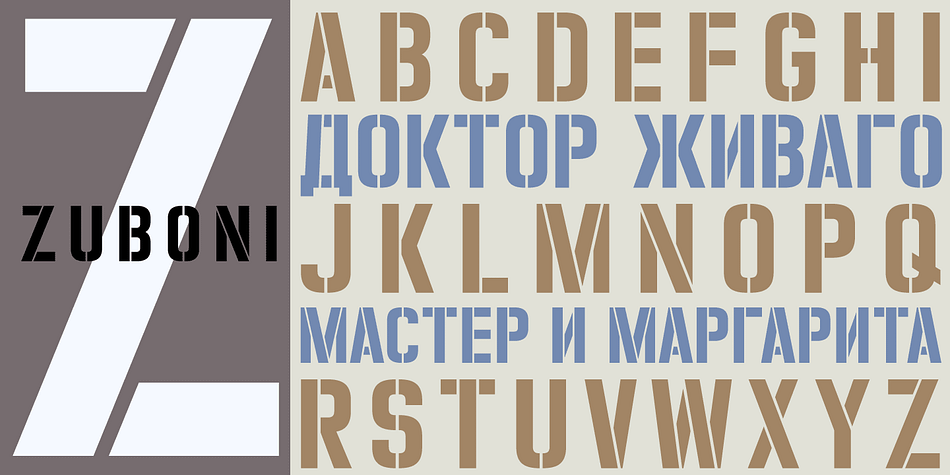 Zuboni™ Stencil is a bold, uppercase-only typeface based on a Russian design from around 1920 (original designer unknown).