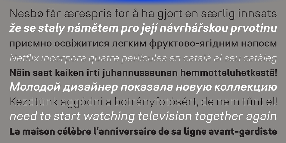 Midpoint Pro comes in 9 weights + oblique styles, each supporting numerous Latin-based languages as well as major Cyrillic languages.