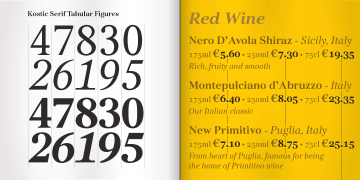 Kosic Serif is a classic transitional typeface (like Baskerville, Bookman, Caslon, Times) with tall, clean characters and a large glyph set to support all European languages - Greek and Cyrillic script included.