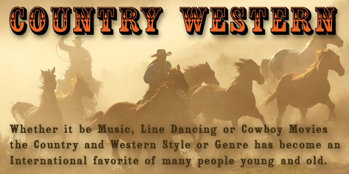 Country Western is a revival of the classic William Page font known as Clarendon Ornamented originally designed in 1859 and again in 1877 by Vanderburgh & Wells.
