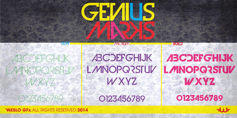 Displaying the beauty and characteristics of the Genius Marks font family.