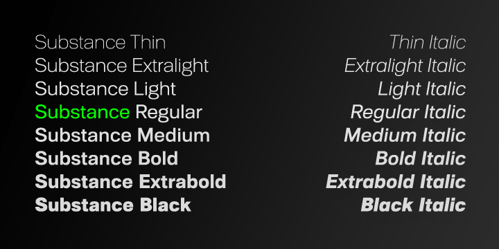Containing 8 weights + italics (800+ glyphs each), Substance is a workhorse with loads of subtle OpenType features (small caps, a choice of lining, tabular and old style figures, numerators, denominators, tabular figures and signs, fractions, ligatures), 21 currency signs and a diversity of symbols and arrows.