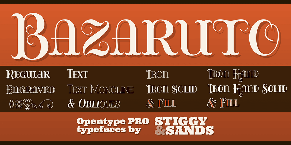 The Bazaruto family was inspired by an old fashioned specimen from “Letters and Lettering” by Carlyle & Oring, but you