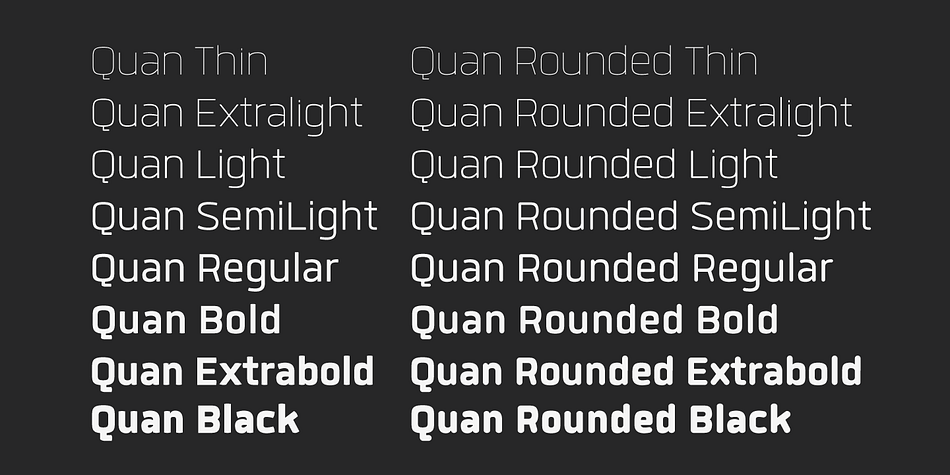 Quan is a thirty-two font, sans serif family by Typesketchbook.