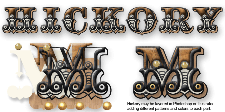 Hickory is the revival of an old unnamed font dating back to 1852 and was sold through a few different type foundries including Bruce, MacKellar Smiths & Jordan and James Conner’s Sons.