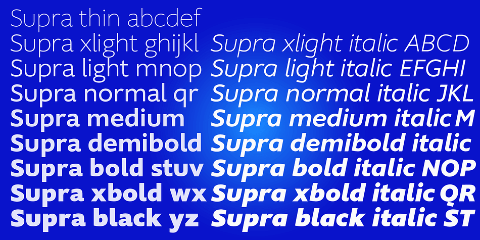 Supra is influenced by current and past sans typefaces, but has a completely new look.