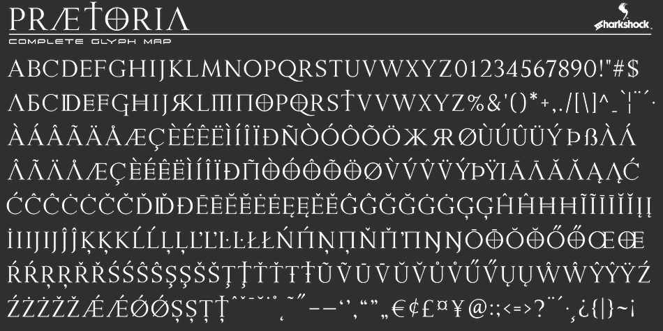 Praetoria is a serif titling font that was loosely modeled after the Roman square capitals used in ancient Rome.