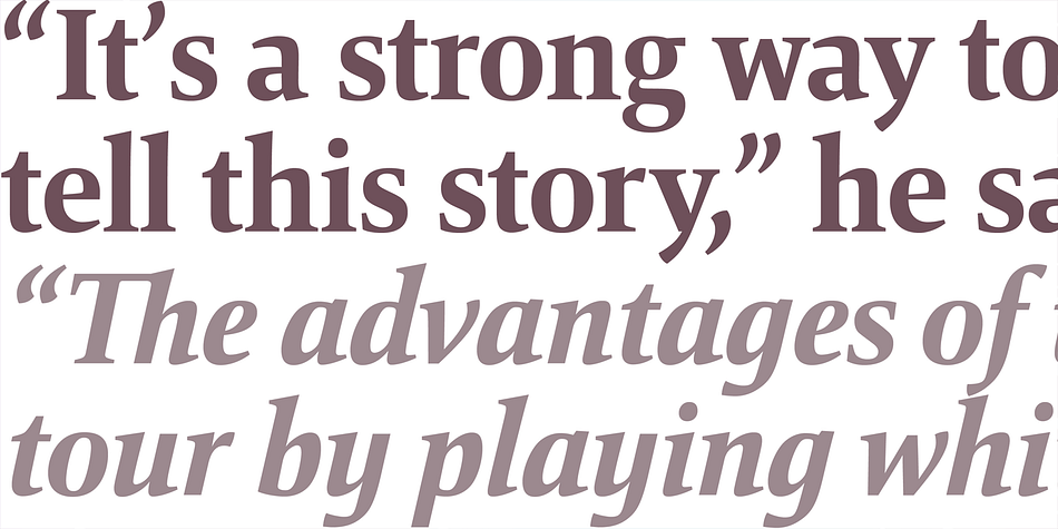 Designed for strong headlines but with slender and economical proportions, it fosters space saving text applications while permitting very pleasant reading.