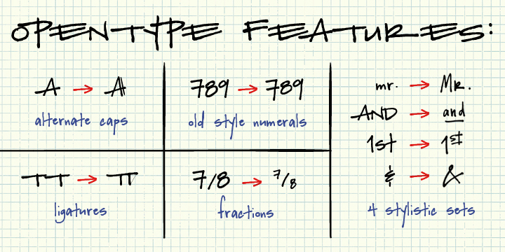 Plinth includes multi-language support as well as a variety of OpenType features including decorative alternate caps, double-letter ligatures, complete fractions, currency figures, and 4 stylistic sets.