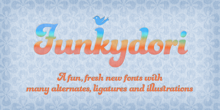 Funkydori comes equipped with 213 alternates, 13 discretionary ligatures and 38 ornaments (which include 8 wallpaper tiles) allowing for a wide variety of looks.