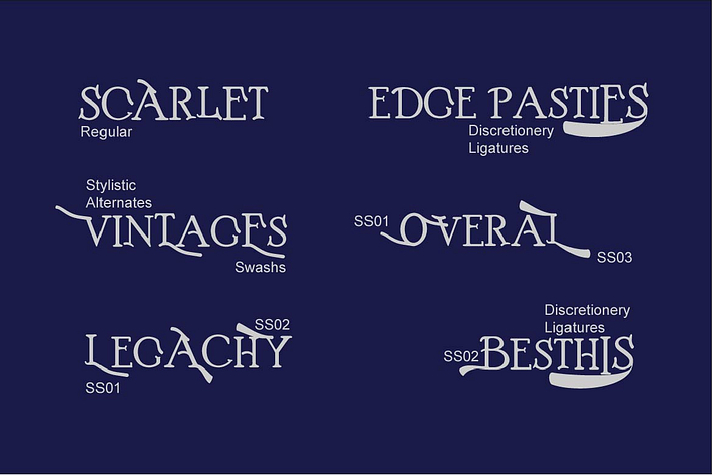 To enable the OpenType Stylistic alternates, you need a program that supports OpenType features such as Adobe Illustrator CS, Adobe Indesign & CorelDraw X6-X7, Microsoft Word 2010 or later versions.