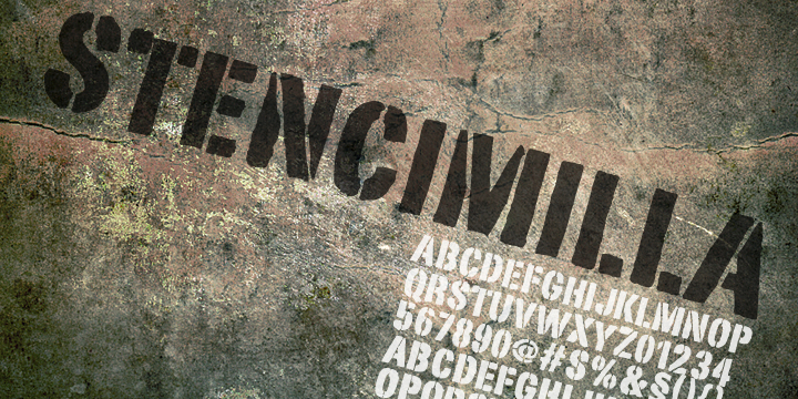 Stencimilla is a distressed stencil typeface with two different sets of capital letters - no lowercase.