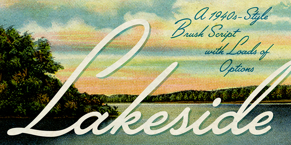 Lakeside is a flowing 1940s-style brush script, inspired by hand-lettered titles in Otto Preminger’s classic 1944 film noir movie “Laura”.