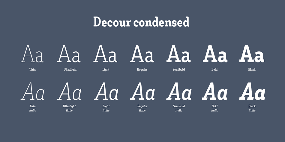 Decour is a twenty-eight font, slab serif family by Latinotype.