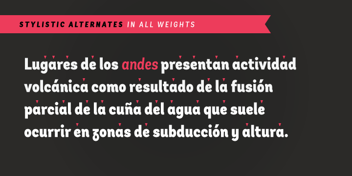 Andes is a typeface with 10 Upright weights ,10 Italics & Condensed version, ranging from Ultra Light to Black, each of the same x-height.