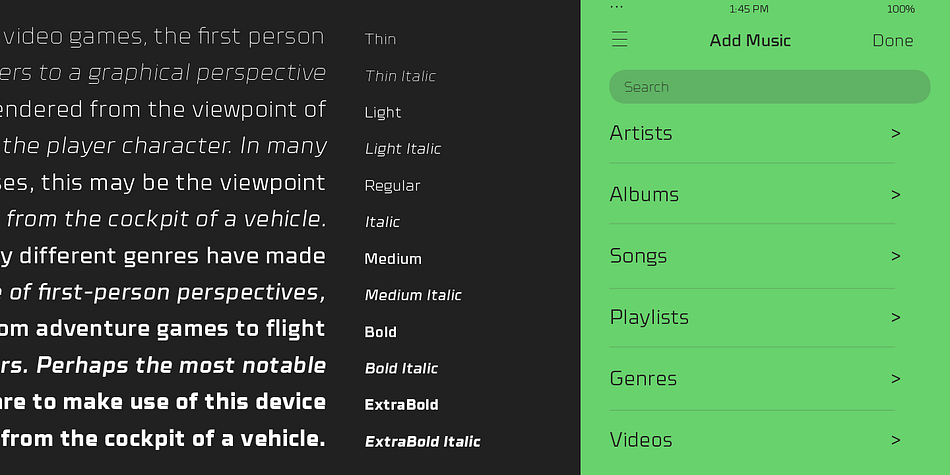 Details include six weights with italics, 460 characters, five variations of numerals, manually edited kerning and Opentype features.