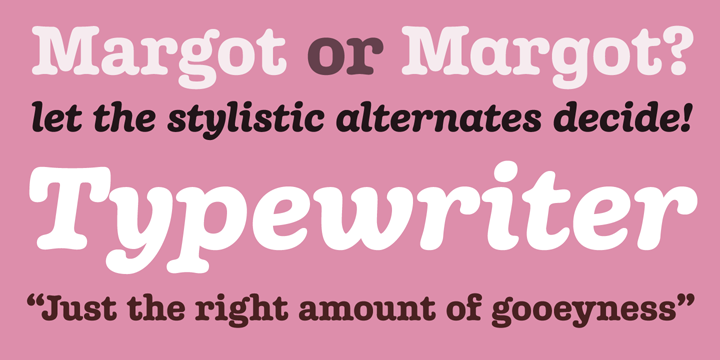 Margot comes fully loaded with a bunch of esoteric dingbats (grouped in the ornament feature), four figure styles (proportional- and tabular- lining, and proportional- and tabular- oldstyle), a spattering of swash capitals (K, Q and R), stylistic alternates and one discretionary gi ligature in the Roman.