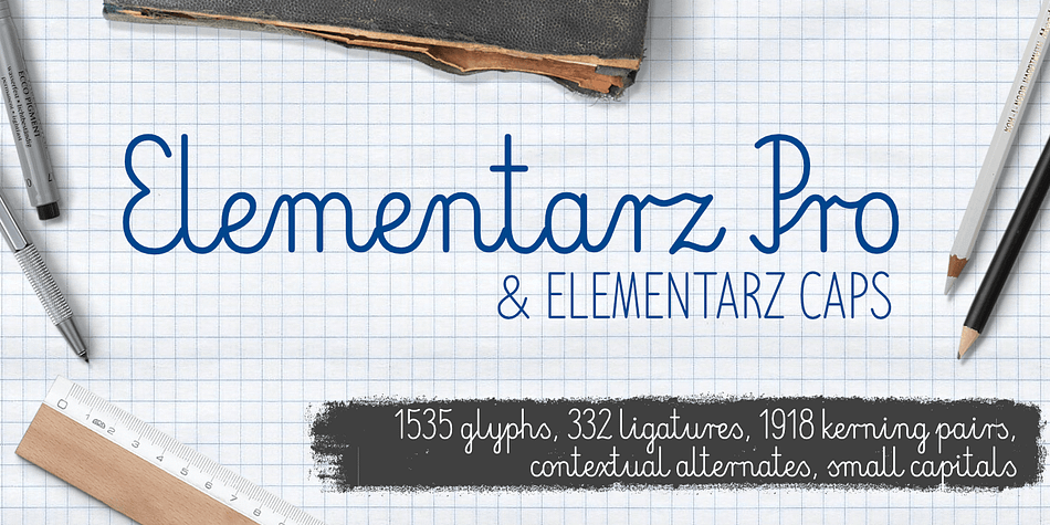Elementarz Pro is a handwritten, monoline, fully connected script with ligatures and contextual alternates to help with flow and readability.