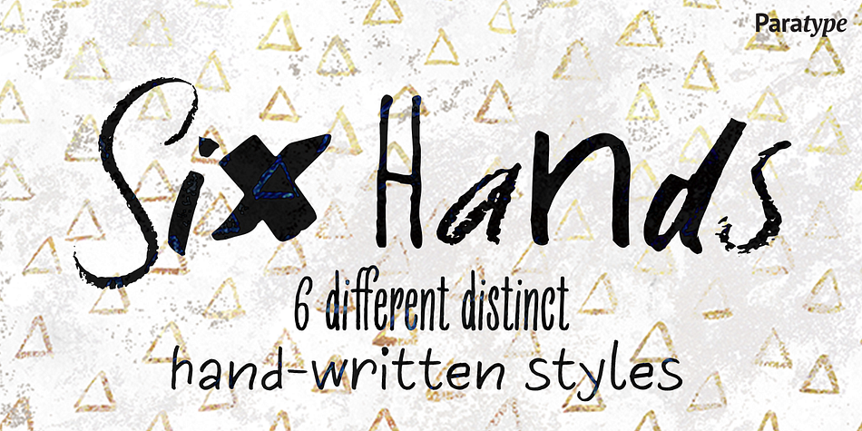 Six Hands is a set of handwritten fonts based on various writing tools, such as pencil, felt-tip pen, ball-point pen, and brush.