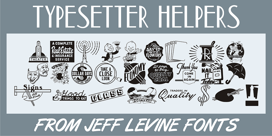 Typesetter Helpers JNL is another collection of vintage letterpress cuts comprising cartoons, sales helpers, ornaments, stock cuts and other nostalgic pieces.