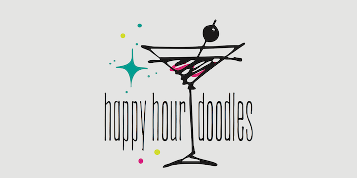 A collection of 30 retro illustrations of cocktails, drinks, beer, champagne, appetizers, canapés, candy, corkscrew, ice bucket, decanters, and 5 background graphics.