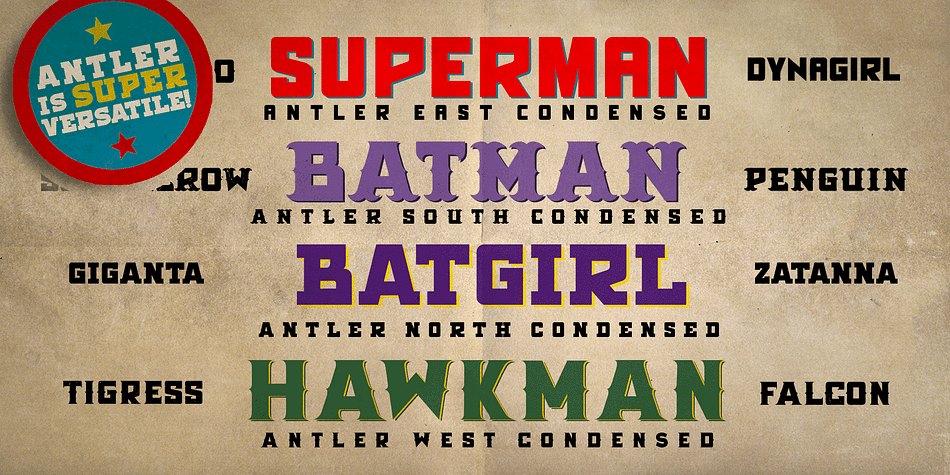 Antler Condensed font family sample image.